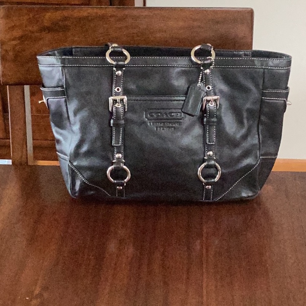 Coach black leather tote 14 by 9